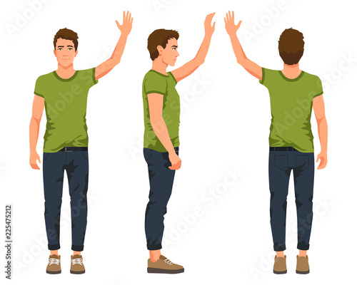 Vector illustration of three men with hand up in casual clothes under the white background. Cartoon realistic people illustartion. Flat young man. Front view man, Side view man, Back side view man