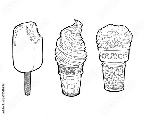 Vector vintage hand drawn set of ice cream. Chocolate ice Cream bitten and Ice Cream in a waffles isolated on white background. Hand drawing doodle vector