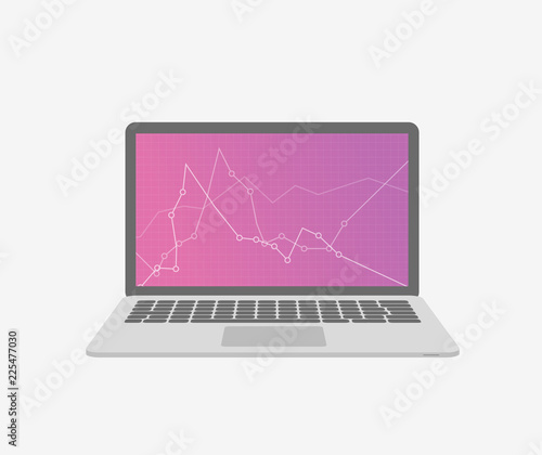 Vector illustration of laptop with finacial graph on the violet screen. Business concept.