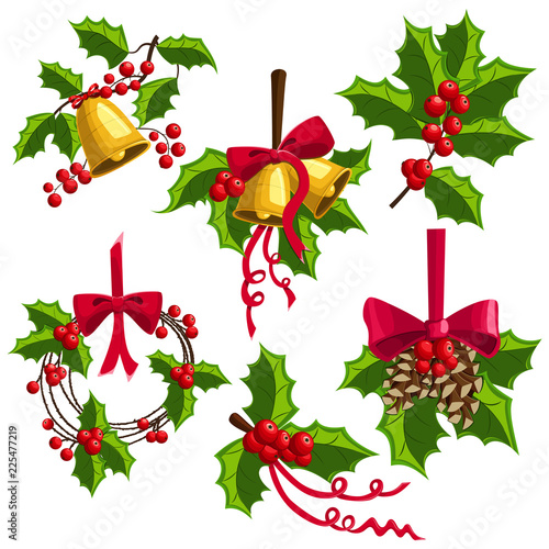 Holly berry Christmas decoration with bells, bow and pine cones. Vector cartoon icon set isolated on white background.
