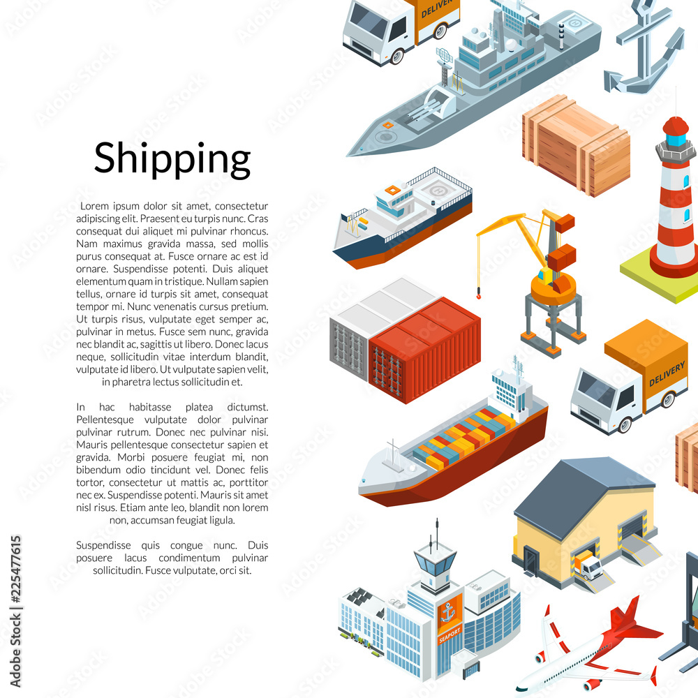 Fototapeta premium Vector isometric marine logistics and seaport background with place for text illustration