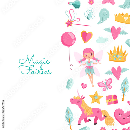 Vector cute cartoon magic and fairytale elements background with place for text illustration