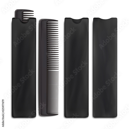 Vector. Mock Up. Black Set Comb for hair vs packaging. Front and back side.