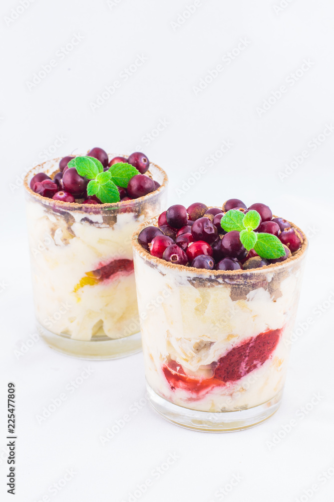 Dessert with cream and cranberries Dessert with cream and cranberries