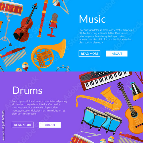 Vector cartoon musical instruments web banner templates illustration. Music poster sound photo