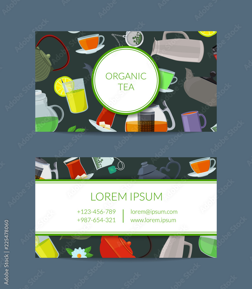 Vector cartoon tea kettles and cups business card template for tea shop  illustration isolated on background Stock Vector | Adobe Stock
