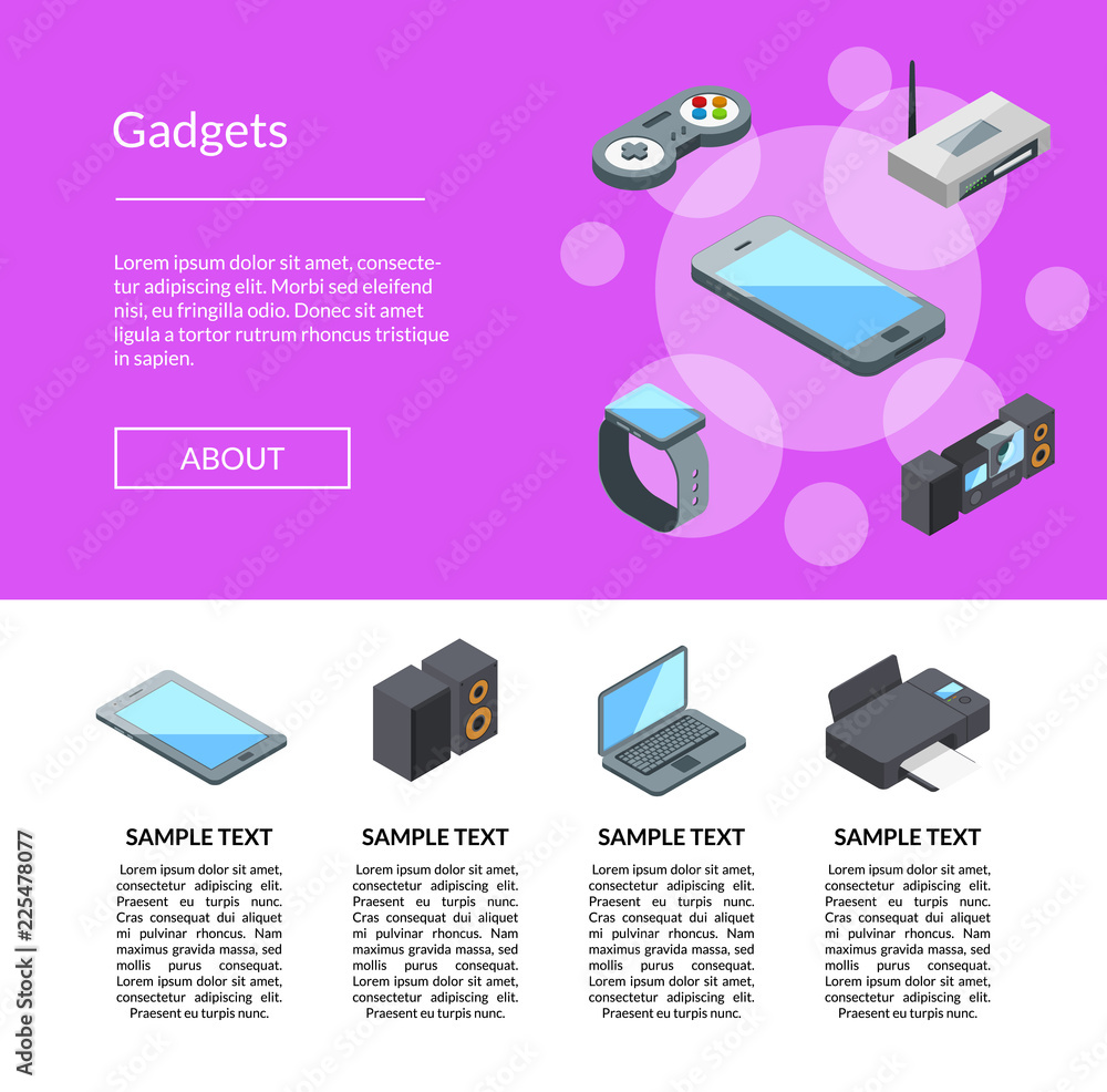 Vector isometric gadgets icons landing page template with text info illustration Vector isometric gadgets icons landing page template with text info illustration