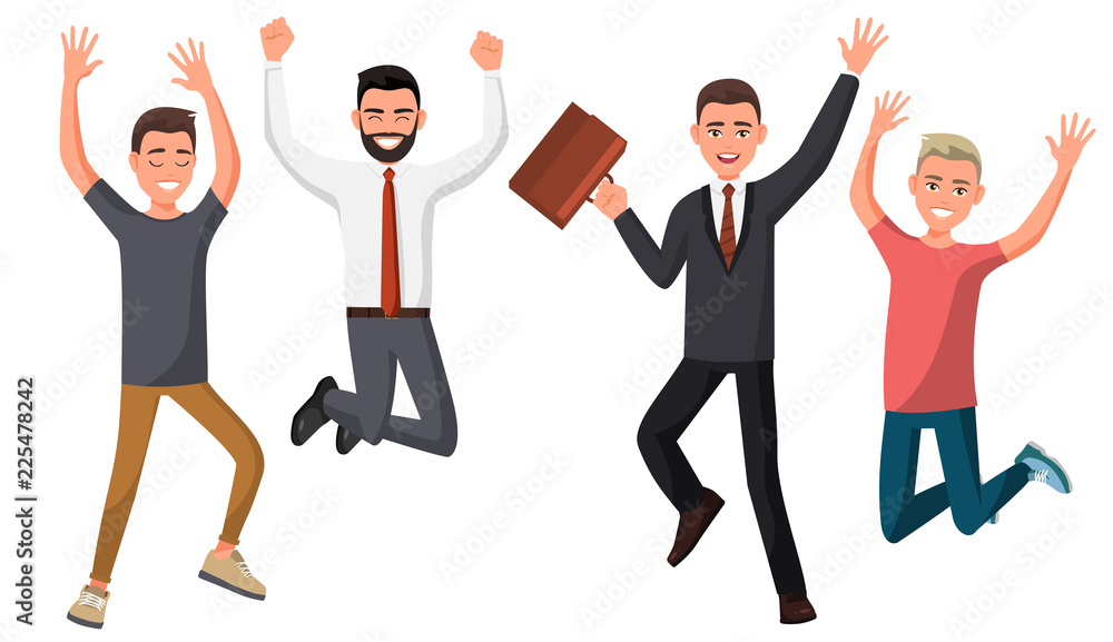 Vector illustration of men in different poses. Cartoon realistic people. Flat young man. Front view. Happy group of people jumping on a white background. Guy in casual and official clothes. Vector illustration of men in different poses. Cartoon realistic people. Flat young man. Front view. Happy group of people jumping on a white background. Guy in casual and official clothes.