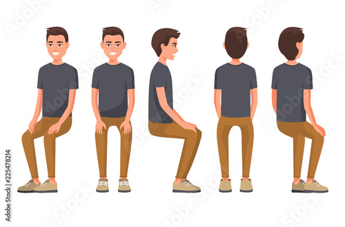 Vector illustration of sitting men in casual clothes under the white background. Cartoon realistic people. Flat young man. Front view man, Side view man, Back side view man, Isometric view.