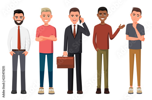 Vector illustration of different men. Man in casual or official clothes, young black guy, man with blond hair. Cartoon realistic people. Flat young people. Worker in a shirt with phone in one hand.