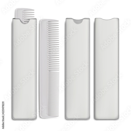 Vector. Mock Up. White Set Comb for hair vs packaging. Front and back side.
