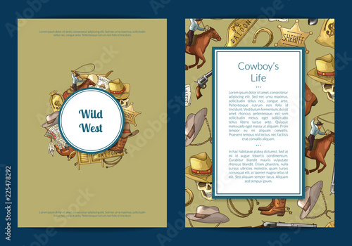 Vector hand drawn wild west cowboy elements card or flyer template illustration. Vintage banner and poster