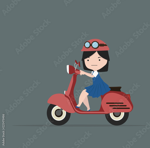 little girl riding  red motorcycle Flat design