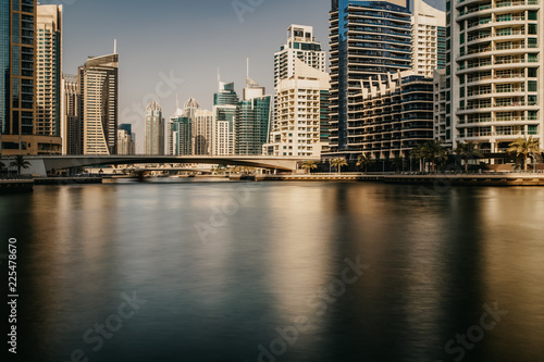 Beautiful view to Dubai Marina Promenade  UAE. Long exposure time lapse effect