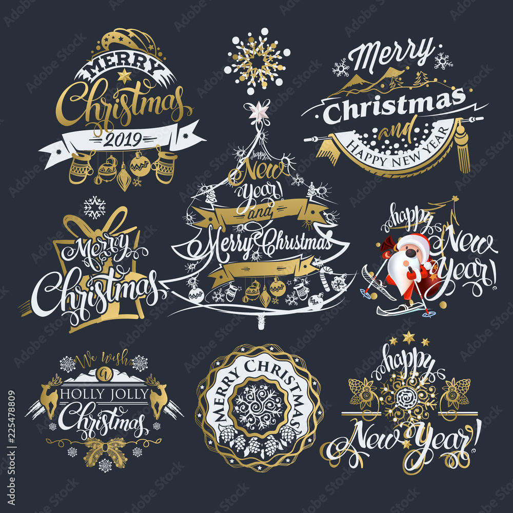 Fototapeta premium 2019 Christmas and New year labels and borders. Decoration set calligraphic design with typographic labels, and icons elements for you. Hand drawn authors work. Merry Christmas emblems.