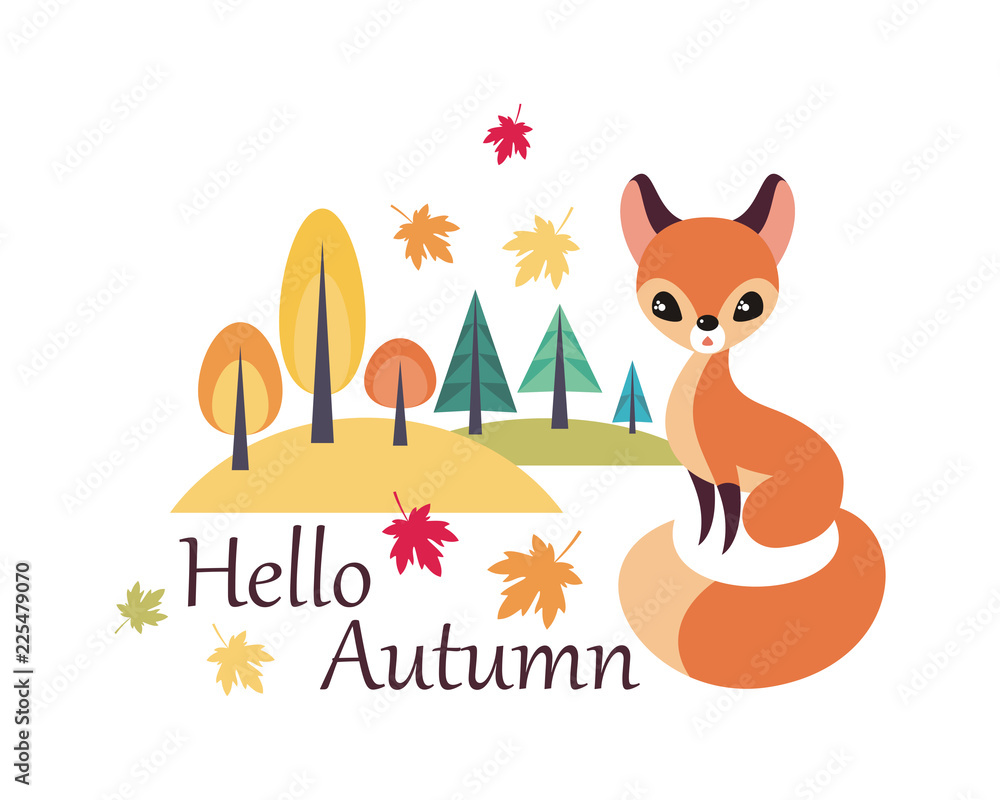 Plakat Cute fox in cartoon style isolated on a white background. Autumn poster. Childhood vector illustration.