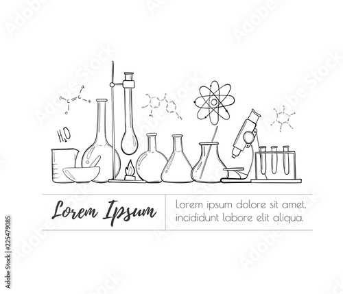 Laboratory equipment set. Science chemistry. Microscope, Glass flasks and test tubes. Chemical experiments. Formulas, elements and atoms. objects