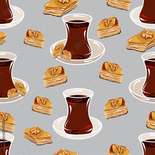 Vector drawing of seamless pattern with turkish cup of tea and turkish baklava on a saucer