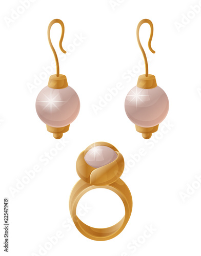 Set of Jewelry Items Golden Earrings with Pearls