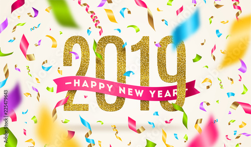 Happy New year 2019 greeting vector illustration. Year numbers with pink ribbon and multicolored confetti on a white background.