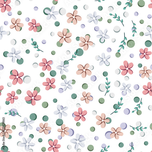 vector seamless pattern with small simple flowers and green leaves on a white background