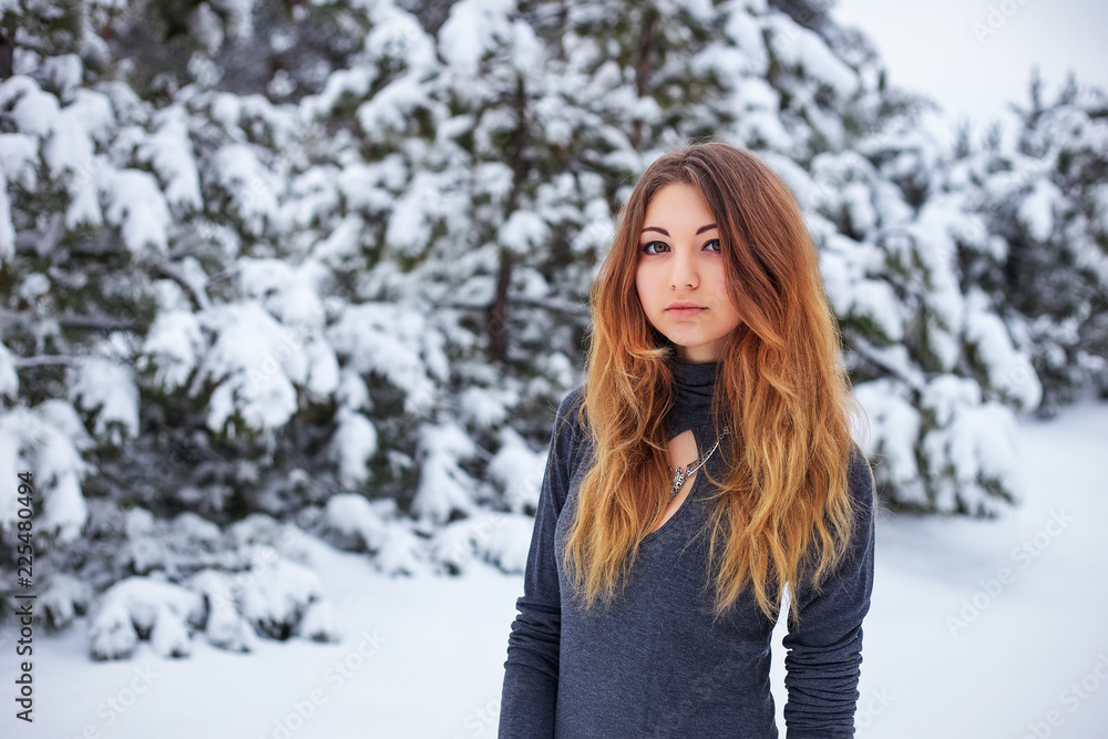 Beautiful young girl posing in the winter in cold forest with pine trees. Beautiful young girl posing in the winter in cold forest with pine trees.