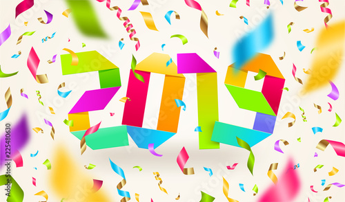 Happy New year 2019 greeting vector illustration. Origami year numbers made from multicolored paper and colorful confetti on a white background.