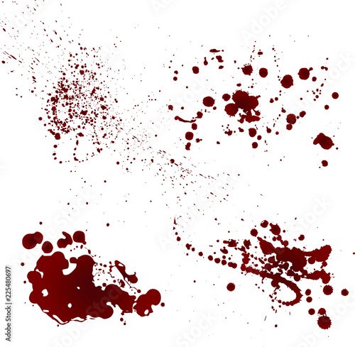 Set of realistic bloody splatters. Drop and blob of blood. Bloodstains. Isolated. Vector illustration isolated on white background. Red puddles