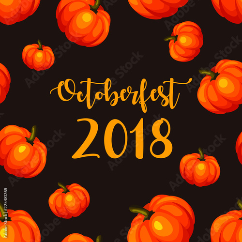 Amazing pumpkins on dark background. Octoberfest  poster or banner. Autumn holidays concept. Isolated vector Illustration. Design for web page, fabric, wallpaper, textile, invitations, flyers.