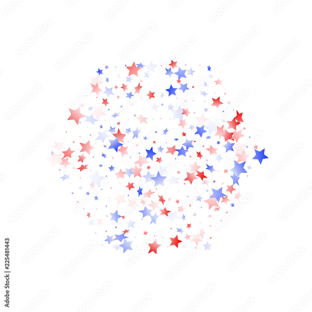 Flying red blue white star sparkles on white vector american patriotic background.