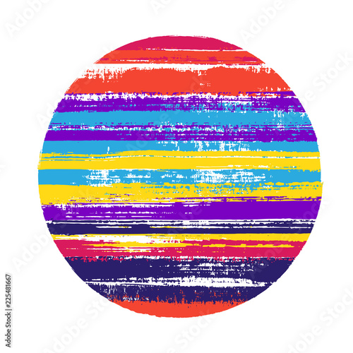 Hipster circle vector geometric shape with stripes texture of paint horizontal lines. Disk banner with old paint texture. Badge round shape logotype circle with grunge stripes background.