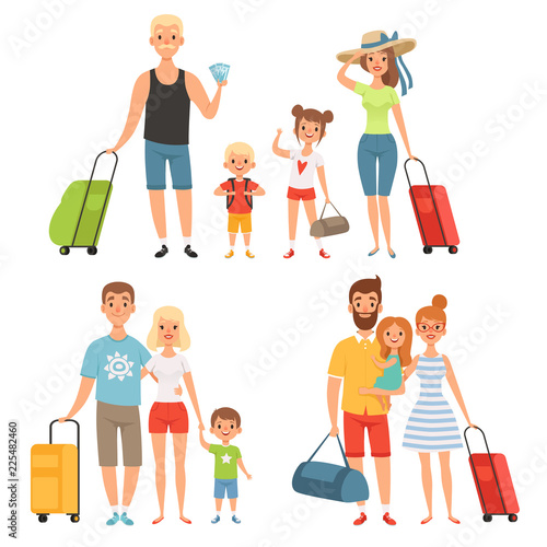 Family goes at summer vacations. Happy family travelling. Family vacation travel with luggage, vector illustration