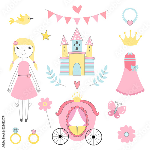 Fairy tale pictures of princess and other magician tools. Castle and princess, fairy tale coach and ring. Vector illustration