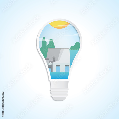 hydro energy, hydro power plant in light bulb graphic