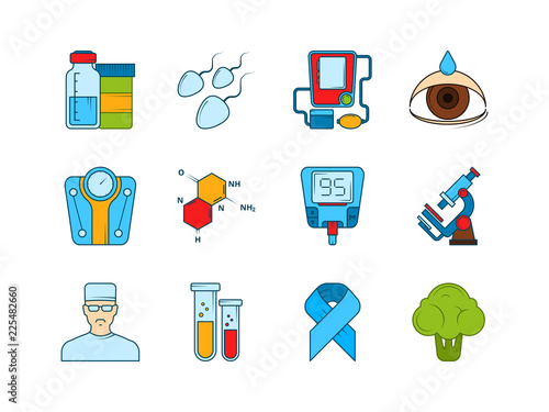 Medical icon set. Various symbols of diabetic. Vector instrument equipment, glucose medical glucometer measurement illustration