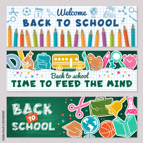 School banners. Vector illustrations for back to school banners. School welcome banner, education and supplies for study
