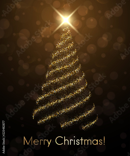 Merry Christmas greeting card with shiny Christmas tree.