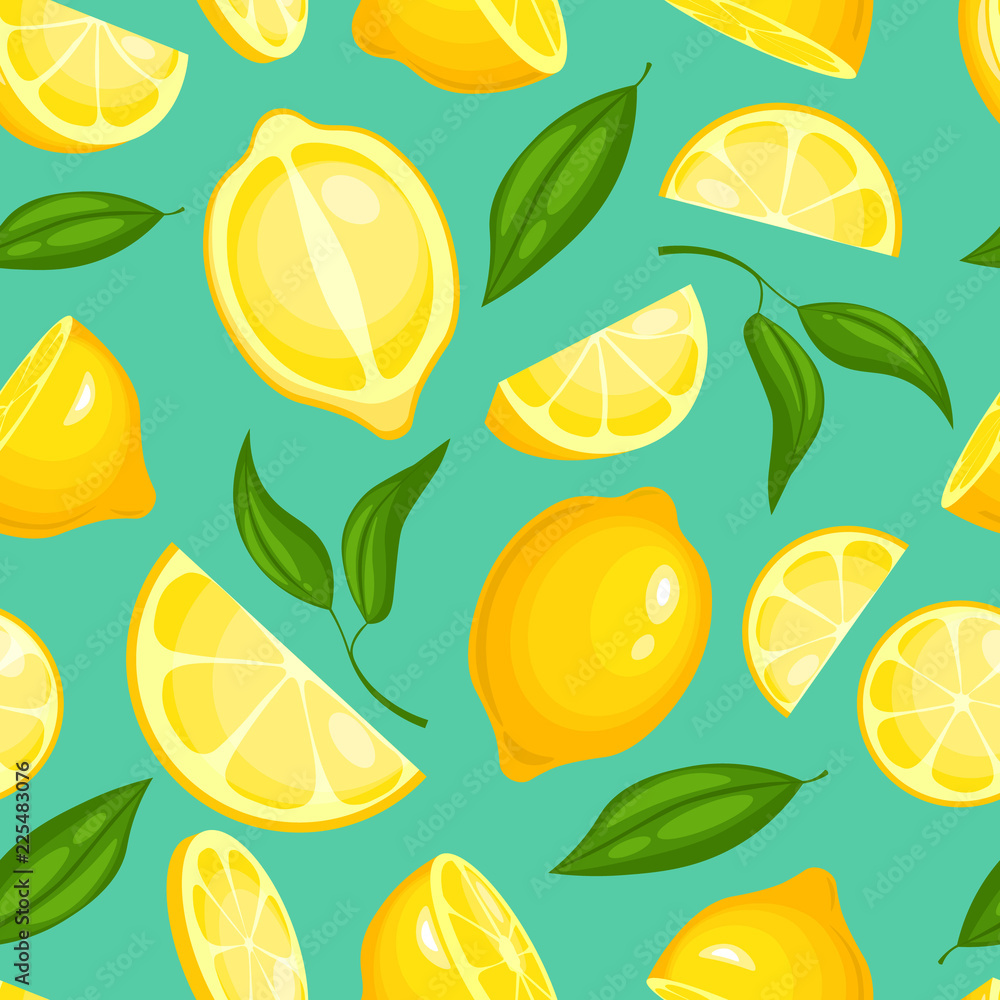 Lemon pattern. Lemonade exotic yellow juicy fruit with leaves illustration or wallpaper vector seamless background. Lemon citrus fresh, fruit juicy pattern