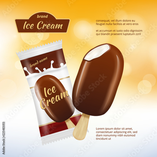 Chocolate ice cream poster design. Realistic pictures of chocolate advertising with food package. Vector icecream with chocolate dessert illustration