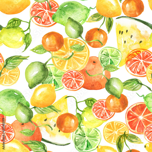 Fototapeta Naklejka Na Ścianę i Meble -  Vintage seamless pattern with watercolors - from tropical fruit, citrus spray, 
lemon, orange, lime, watermelon, grapefruitpaint splash. Bright fashionable background. drawing on white background.