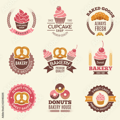 Bakery retro labels. Cupcakes donuts cookies and fresh bread vintage vector illustrations for stickers or badges design of bakery shop. Badge pastry, fresh donut and cupcake, delicious croissant