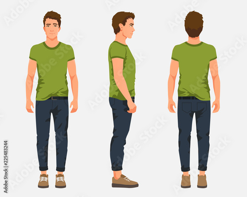 Vector illustration of three men in casual clothes under the white background. Cartoon realistic people illustartion. Flat young man. Front view man, Side view man, Back side view man