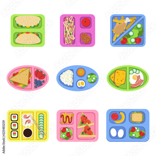 Lunch box. School fresh healthy food in plastic containers with vegetables, meal and sliced products for breakfast. Vector pictures container with breakfast, fresh healthy lunch illustration