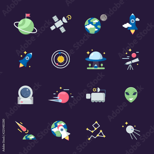 Fototapeta Naklejka Na Ścianę i Meble -  Space flat icons. Telescope satellite spaceship earth sun and planets views from observatory vector illustrations. Earth and spaceship, planet and telescope, rocket shuttle and ufo