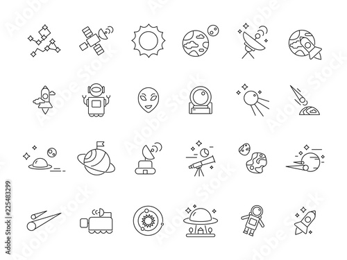 Linear space icons. Telescope shuttle astronauts at moon and various planets satellites. Vector mono line space pictures. Illustration of universe shuttle  ufo technology  star and asteroid line