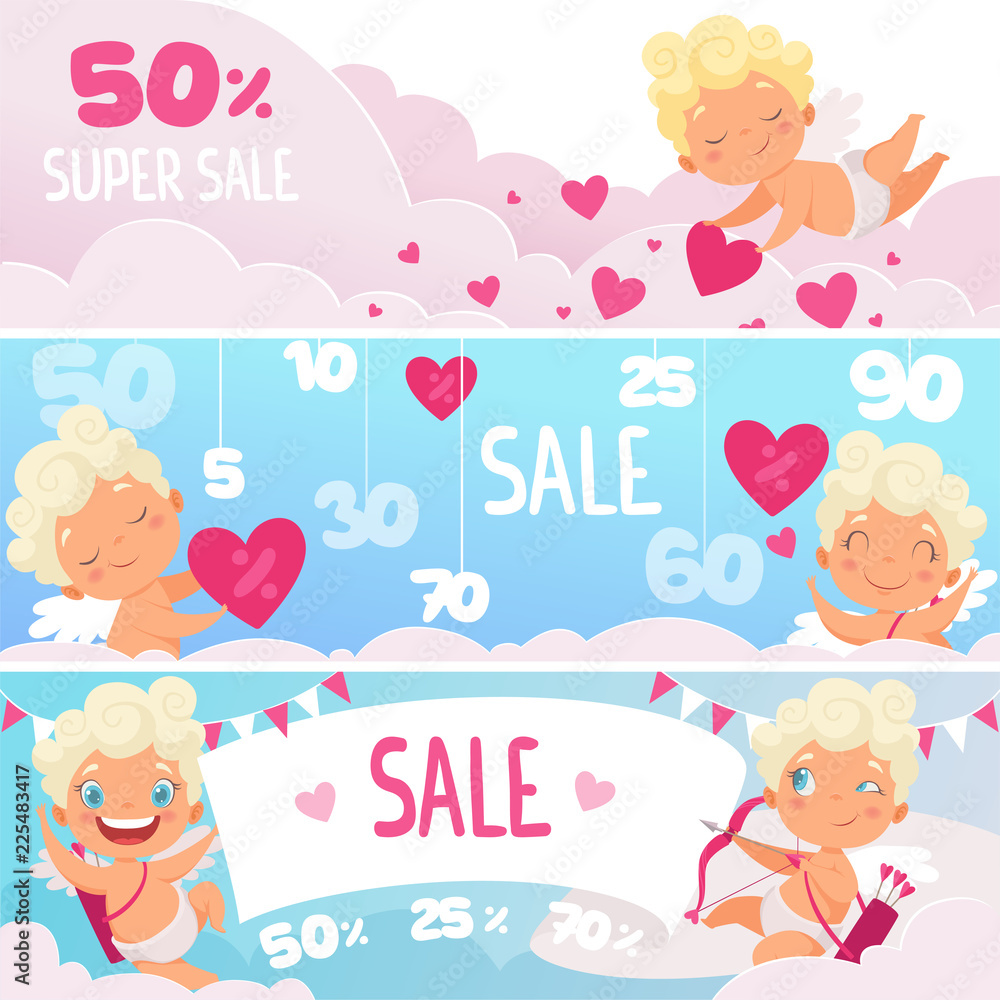 Valentine day sale banners. Red hearts cute funny cupids with bow romantic symbols vector market or web labels. Sale banner with amur cupid, consumerism advertising illustration Valentine day sale banners. Red hearts cute funny cupids with bow romantic symbols vector market or web labels. Sale banner with amur cupid, consumerism advertising illustration