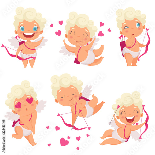 Cupid angels characters. Amur hunter baby eros greece romantic cute children with bow vector mascot poses. Angel love valentine  cherub character with bow and arrow illustration