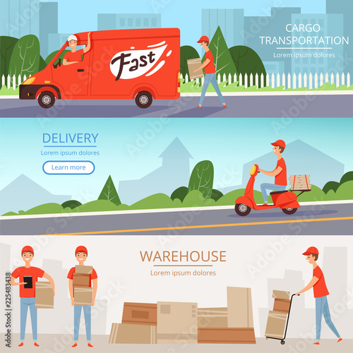 Delivery service banners. Cargo warehouse workers pizza and food delivery man on transport red van motorcycle. Vector design template of banners. Illustration of delivery service, fast transportation