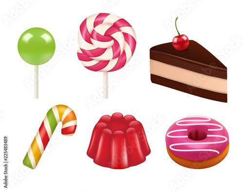 Candy realistic pictures. Caramel and chocolate sweets colored lollipops and sucker. Vector realistic illustrations of candy. Candy dessert and caramel sweet, chocolate cake
