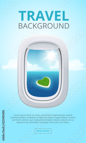 Airplane window views. Closeup portholes business aircraft blue clean shine sky air. Travel vector realistic background illustration. Airplane porthole, transportation tourism flight, sky travelling